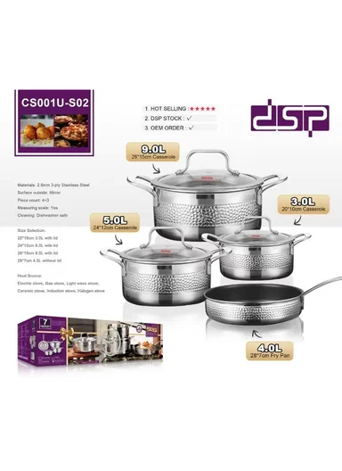 7Pcs 3-Ply Stainless Steel 20/24/28cm Casseroles &amp; 28cm Fry Pan Premium Cookware Set with 3 Glass Lids CS001U-S02
