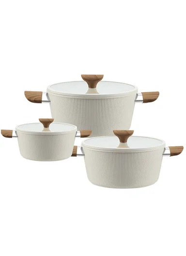 6Pcs 24/28/32cm Die-Cast Aluminum Non-Stick Casseroles Set with Tempered Glass Lids CA021-S02 - Beige