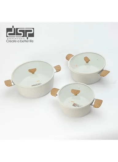 6Pcs 24/28/32cm Die-Cast Aluminum Non-Stick Casseroles Set with Tempered Glass Lids CA021-S02 - Beige
