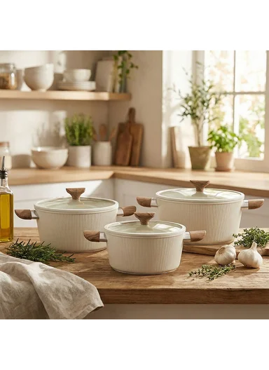 6Pcs 24/28/32cm Die-Cast Aluminum Non-Stick Casseroles Set with Tempered Glass Lids CA021-S02 - Beige