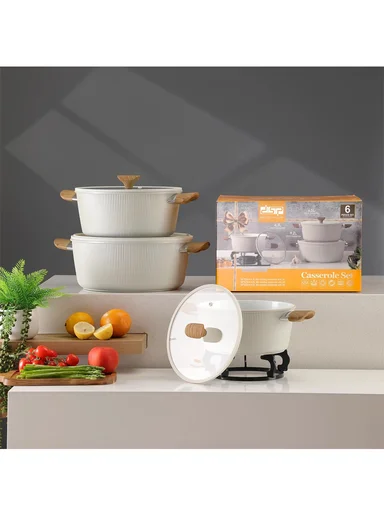 6Pcs 24/28/32cm Die-Cast Aluminum Non-Stick Casseroles Set with Tempered Glass Lids CA021-S02 - Beige