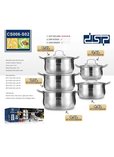 10Pcs 20/22/24/26/28cm Stainless Steel Casserole Set with Tempered Glass Lids CS006-S02