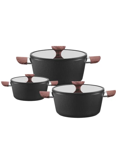 6Pcs 24/28/32cm Die-Cast Aluminum Non-Stick Casseroles Set with Tempered Glass Lids CA021-S02 - Black