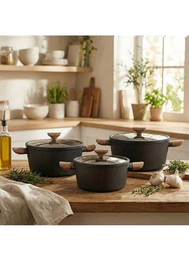 6Pcs 24/28/32cm Die-Cast Aluminum Non-Stick Casseroles Set with Tempered Glass Lids CA021-S02 - Black