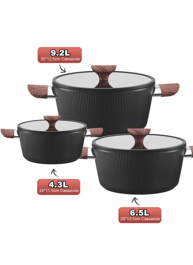 6Pcs 24/28/32cm Die-Cast Aluminum Non-Stick Casseroles Set with Tempered Glass Lids CA021-S02 - Black