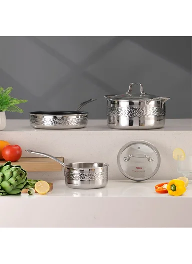 5Pcs 3-Ply Stainless Steel Multi-Cookware Set, 24cm Casserole with 16cm Sauce Pan, 24cm Fry Pan &amp; 2 Glass Lids CS001U-S01
