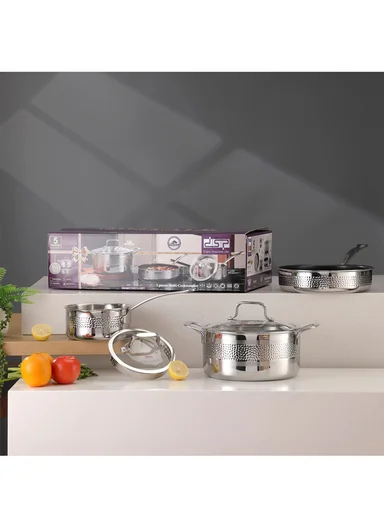 5Pcs 3-Ply Stainless Steel Multi-Cookware Set, 24cm Casserole with 16cm Sauce Pan, 24cm Fry Pan &amp; 2 Glass Lids CS001U-S01