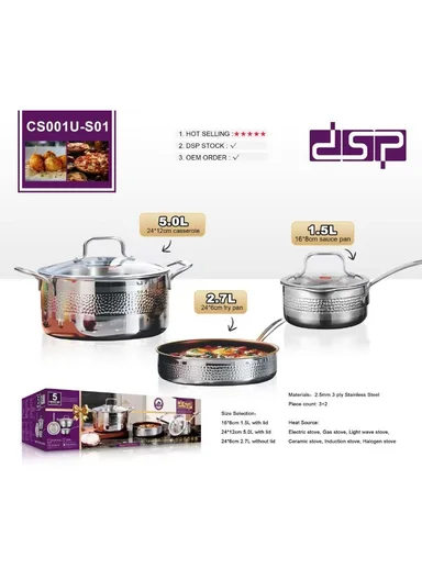5Pcs 3-Ply Stainless Steel Multi-Cookware Set, 24cm Casserole with 16cm Sauce Pan, 24cm Fry Pan &amp; 2 Glass Lids CS001U-S01