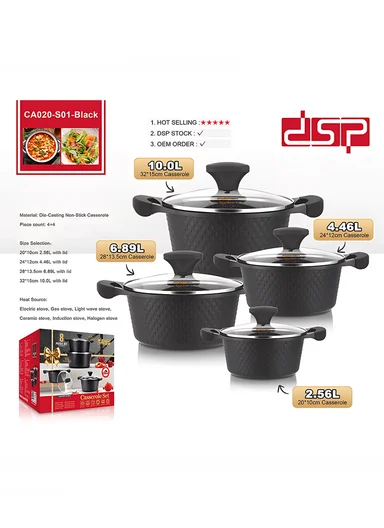 8Pcs 20/24/28/32cm Die-Cast Aluminum Non-Stick Casserole Set with Diamond Pattern CA020-S01 - Black