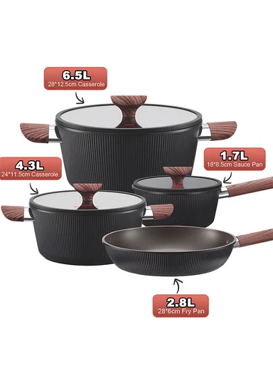 7Pcs 24/28cm Die-Cast Aluminum Non-Stick Casseroles Set with 18cm Sauce Pan &amp; 28cm Fry Pan CA021-S01 - Black