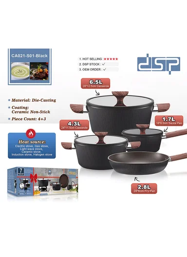 7Pcs 24/28cm Die-Cast Aluminum Non-Stick Casseroles Set with 18cm Sauce Pan &amp; 28cm Fry Pan CA021-S01 - Black