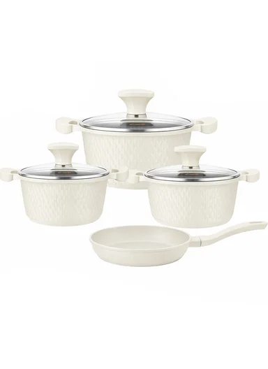 7Pcs 24/28/32cm Die-Cast Aluminum Non-Stick Casseroles &amp; 28cm Fry Pan Set with Diamond Pattern CA020-S02 - Beige