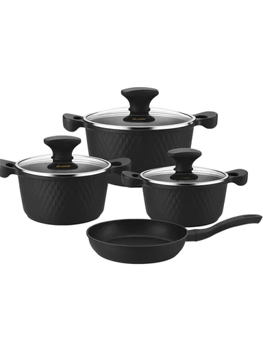 7Pcs 24/28/32cm Die-Cast Aluminum Non-Stick Casseroles &amp; 28cm Fry Pan Set with Diamond Pattern CA020-S02 - Black