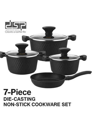 7Pcs 24/28/32cm Die-Cast Aluminum Non-Stick Casseroles &amp; 28cm Fry Pan Set with Diamond Pattern CA020-S02 - Black