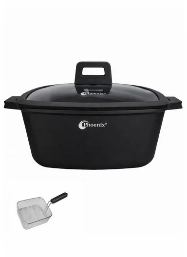 28cm Cast Aluminum Casserole with Glass Lid &amp; Frying Basket ZD1085 - Black