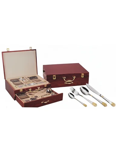72-Piece Cutlery Set for 12 Persons, Gold &amp; Satin Finish with Wooden Storage Case ZD1004