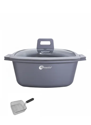 28cm Cast Aluminum Casserole with Glass Lid &amp; Frying Basket ZD1085 - Grey