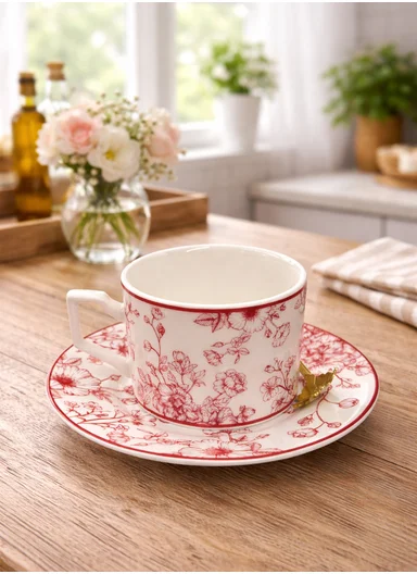 1 Piece 190ml Patern Design Ceramic Tea Cup Withe 1 Piece Saucer-Red