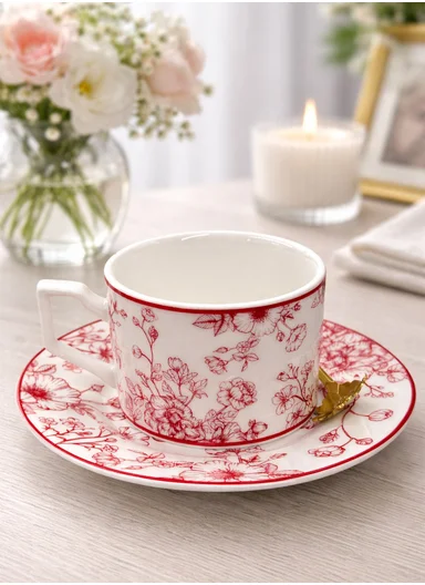 1 Piece 190ml Patern Design Ceramic Tea Cup Withe 1 Piece Saucer-Red