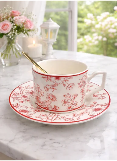 1 Piece 190ml Patern Design Ceramic Tea Cup Withe 1 Piece Saucer-Red