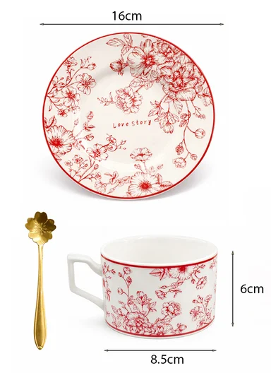 1 Piece 190ml Patern Design Ceramic Tea Cup Withe 1 Piece Saucer-Red