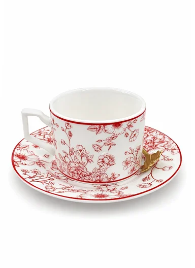1 Piece 190ml Patern Design Ceramic Tea Cup Withe 1 Piece Saucer-Red