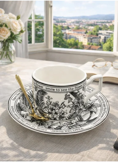 1 Piece 190ml Patern Design Ceramic Tea Cup Withe 1 Piece Saucer- Black 