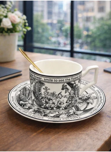 1 Piece 190ml Patern Design Ceramic Tea Cup Withe 1 Piece Saucer- Black 