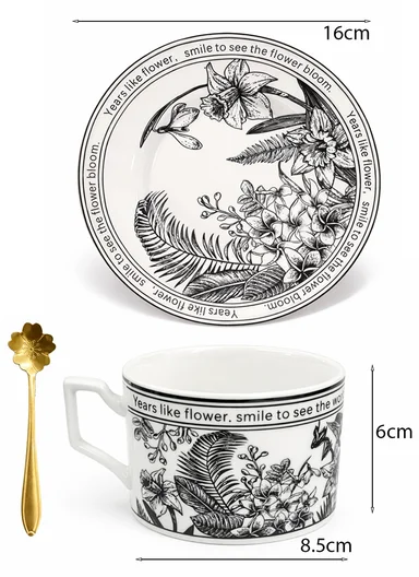 1 Piece 190ml Patern Design Ceramic Tea Cup Withe 1 Piece Saucer- Black 