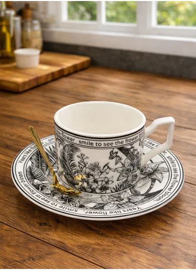 1 Piece 190ml Patern Design Ceramic Tea Cup Withe 1 Piece Saucer- Black 