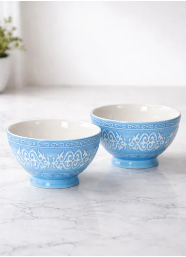6 Pcs 350ml Patern Design Ceramic Snack Bowl-Blue