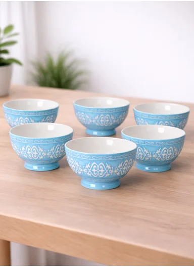 6 Pcs 350ml Patern Design Ceramic Snack Bowl-Blue