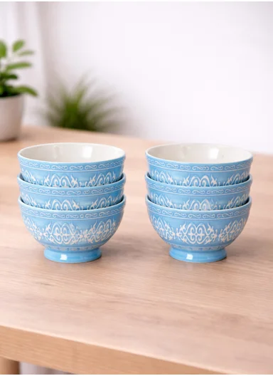 6 Pcs 350ml Patern Design Ceramic Snack Bowl-Blue