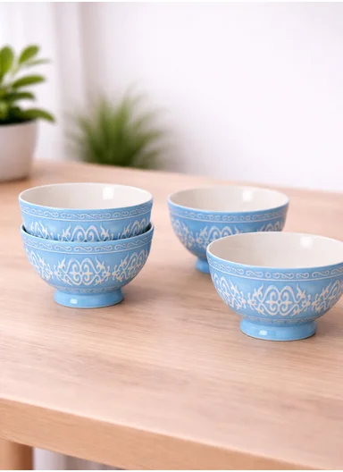 6 Pcs 350ml Patern Design Ceramic Snack Bowl-Blue