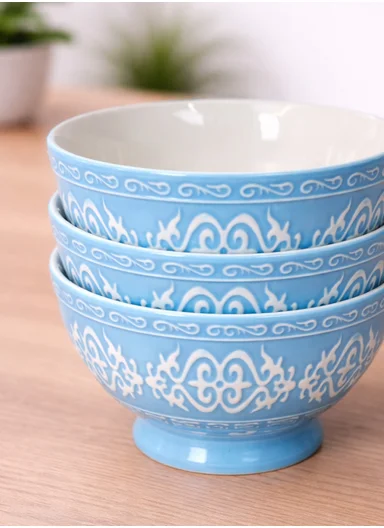 6 Pcs 350ml Patern Design Ceramic Snack Bowl-Blue