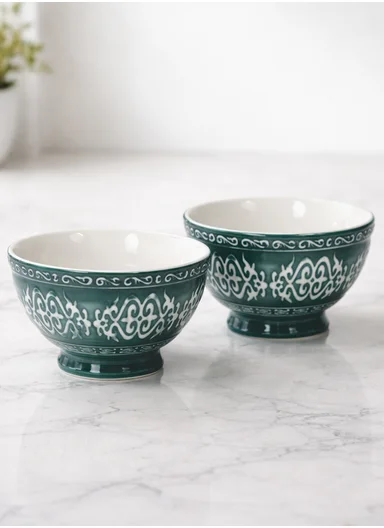 6Pcs 350ml Patern Design Ceramic Snack Bowl-Green