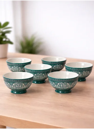 6Pcs 350ml Patern Design Ceramic Snack Bowl-Green