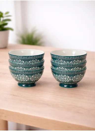 6Pcs 350ml Patern Design Ceramic Snack Bowl-Green
