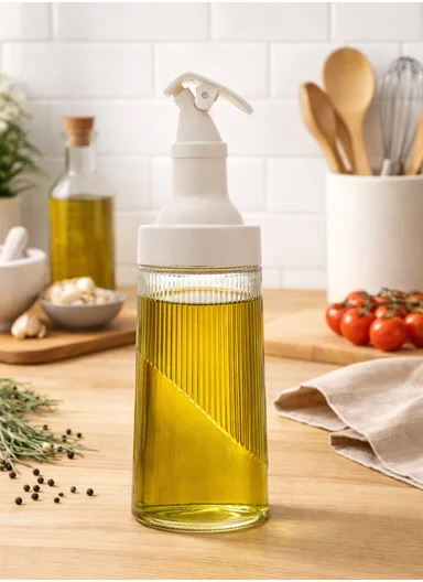 380ml Glass Oil Control Bottle with Hawk-Bill Spout, One-Hand Press Dispenser (D6.5 x H23)cm - Beige