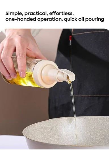 380ml Glass Oil Control Bottle with Hawk-Bill Spout, One-Hand Press Dispenser (D6.5 x H23)cm - Beige