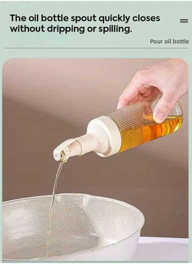 380ml Glass Oil Control Bottle with Hawk-Bill Spout, One-Hand Press Dispenser (D6.5 x H23)cm - Beige
