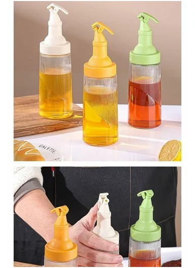 380ml Glass Oil Control Bottle with Hawk-Bill Spout, One-Hand Press Dispenser (D6.5 x H23)cm - Beige