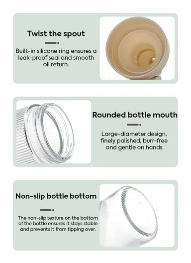 380ml Glass Oil Control Bottle with Hawk-Bill Spout, One-Hand Press Dispenser (D6.5 x H23)cm - Beige