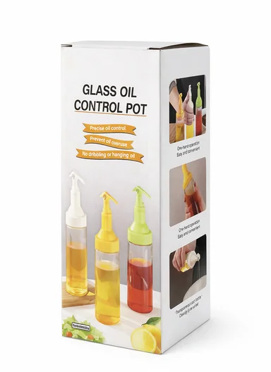 380ml Glass Oil Control Bottle with Hawk-Bill Spout, One-Hand Press Dispenser (D6.5 x H23)cm - Beige