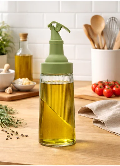 380ml Glass Oil Control Bottle with Hawk-Bill Spout, One-Hand Press Dispenser (D6.5 x H23)cm - Green