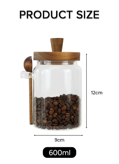 600ML Premium Glass Spice &amp; Food Storage Jar With Wooden Lid &amp; Spoon (D9 x H12)cm