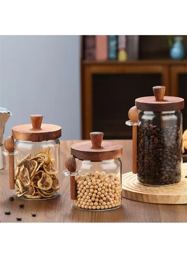 600ML Premium Glass Spice &amp; Food Storage Jar With Wooden Lid &amp; Spoon (D9 x H12)cm