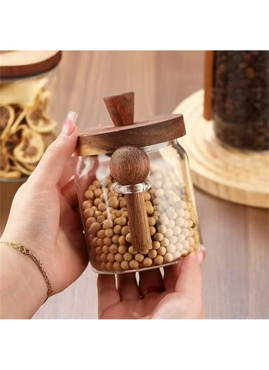 600ML Premium Glass Spice &amp; Food Storage Jar With Wooden Lid &amp; Spoon (D9 x H12)cm