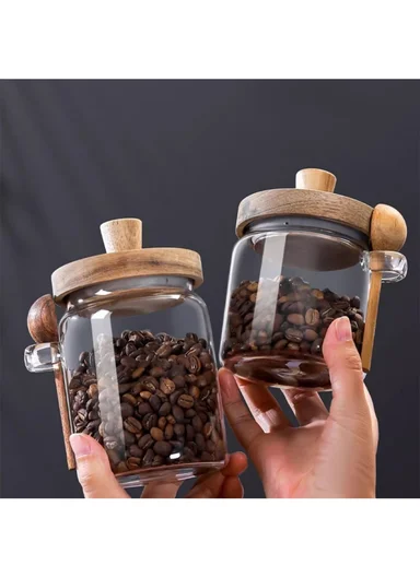 600ML Premium Glass Spice &amp; Food Storage Jar With Wooden Lid &amp; Spoon (D9 x H12)cm