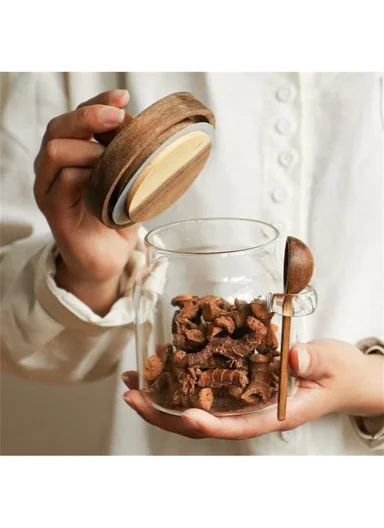 600ML Premium Glass Spice &amp; Food Storage Jar With Wooden Lid &amp; Spoon (D9 x H12)cm
